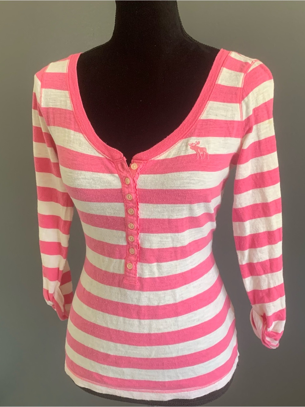 Abercrombie & Fitch Pink and White Striped Henley Long Sleeve Top